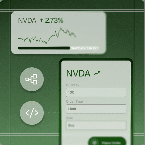 Trading API workflow showing an NVDA market view, connected tools, and order entry