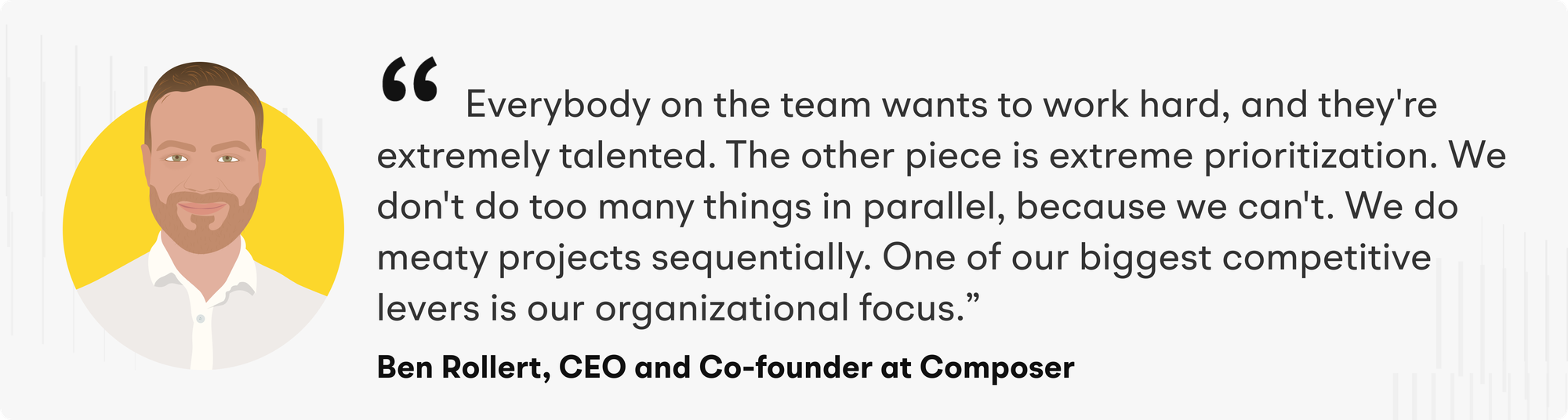 "Everybody on the team wants to work hard, and they're extremely talented. The other piece is extreme prioritization. We don't do too many things in parallel, because we can't. We do meaty projects sequentially. One of our biggest competitive levers is our organizational focus," says Ben Rollert, CEO and co-founder at Composer