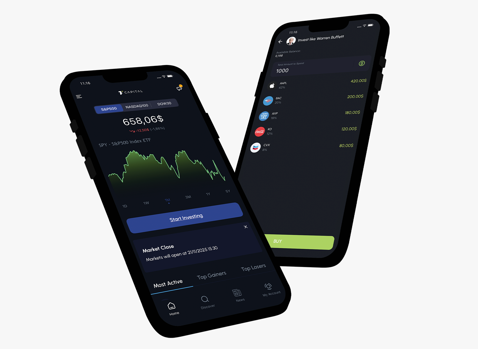 Product photos of how users can see their portfolios of US stocks and ETFs on the TF Capital platform.