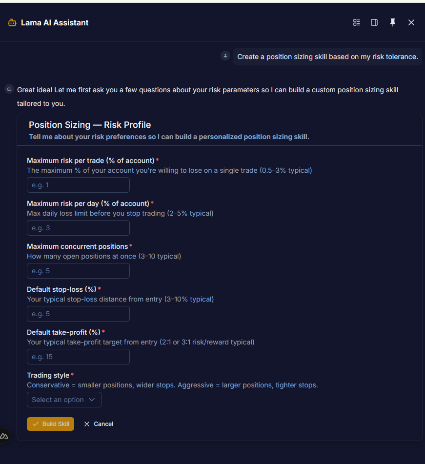 [Visual: Code Mode editor showing a generated TypeScript skill awaiting review and approval. Alt text: "LamaTrader Code Mode editor displaying a generated trading skill for user review"]