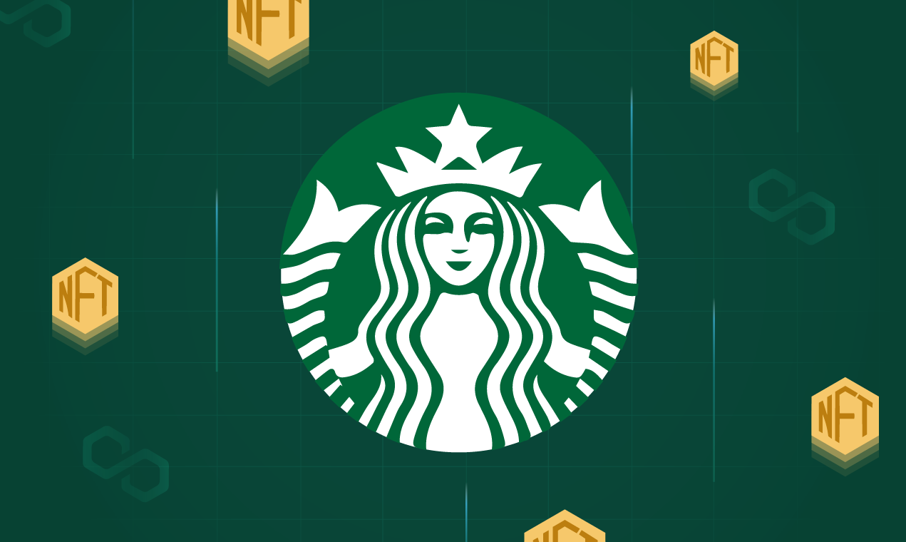 Starbucks logo on a green background with NFT symbols around it