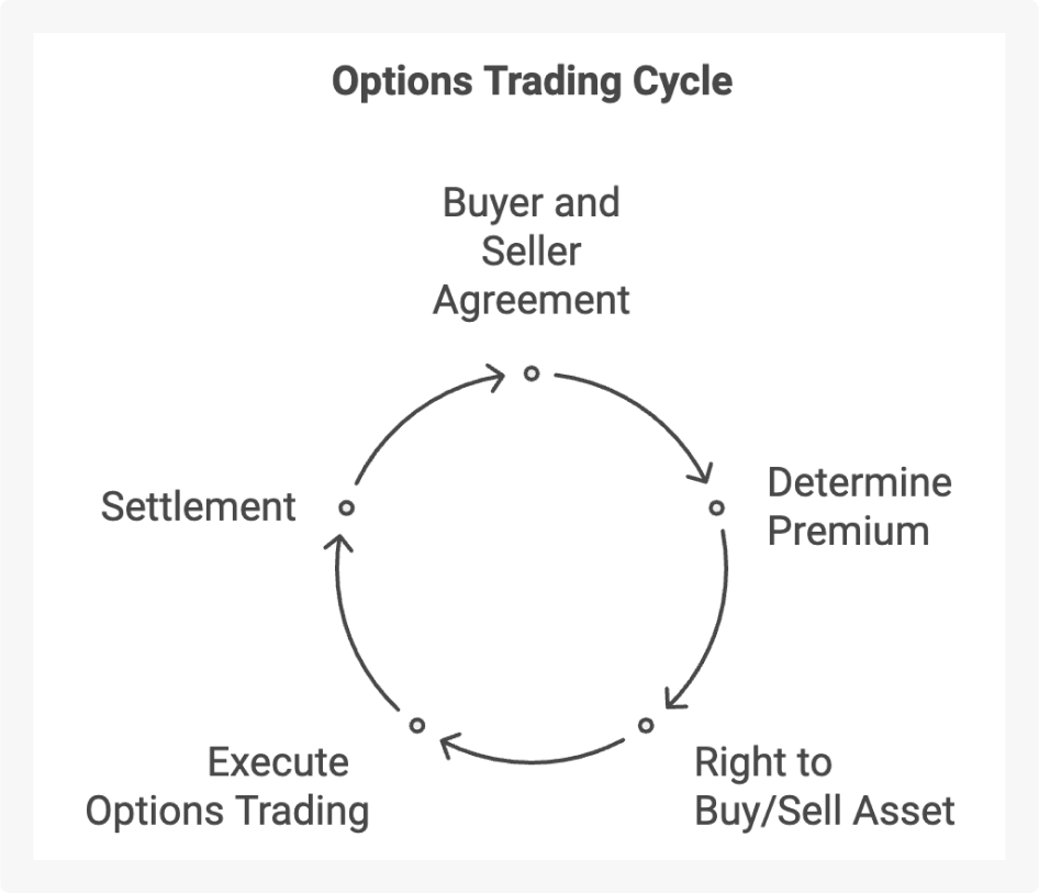 Options Trading Cycle: Buyer and seller agreement > determine premium > right to buy/sell asset > execute options trading > settlement > buyer and seller agreement