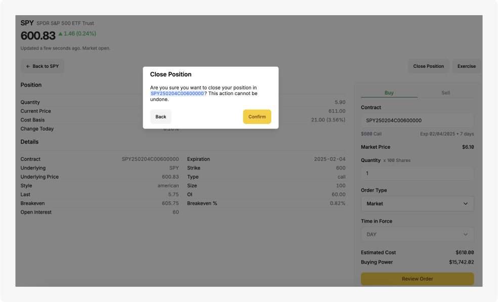 Confirm you want to close the position.