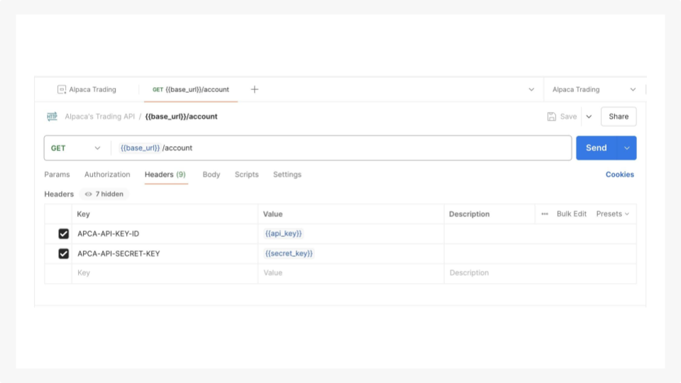 Set up your Alpaca API keys on Postman.