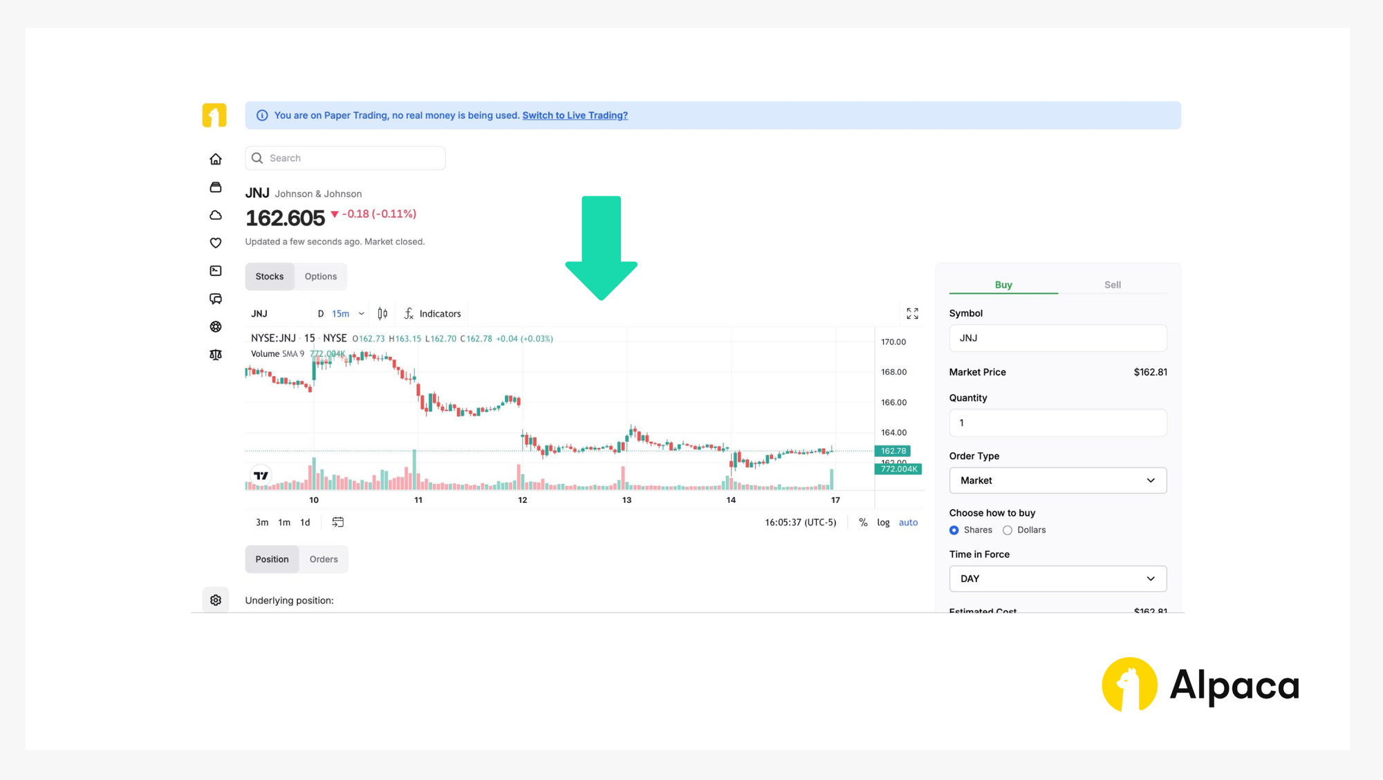 Alpaca Trading API dashboard: Check securities performance, and place orders on 'JNJ' stock