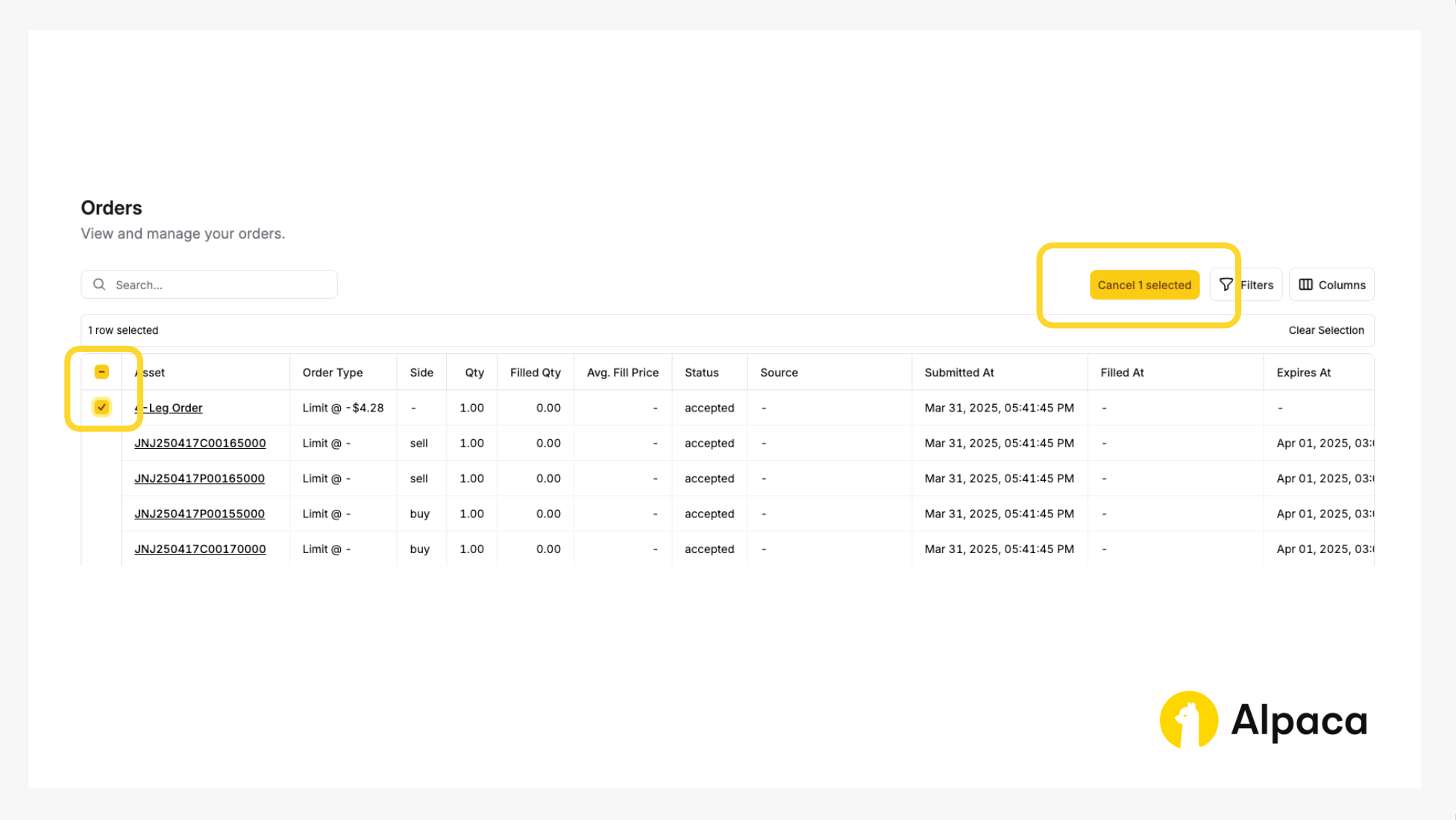 Alpaca Trading API Orders page: Cancel the selected order for the short iron butterfly