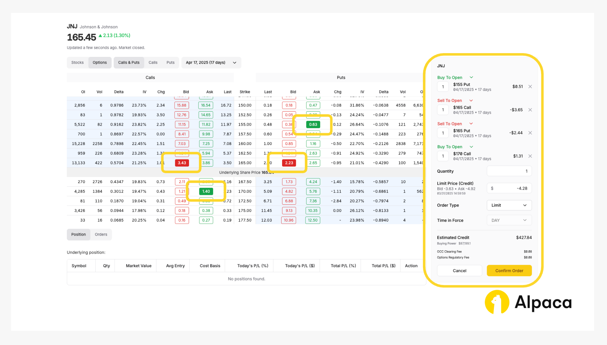 Alpaca Trading API dashboard: Check option chains and place multi-leg orders at various strike prices: long put at $155.00, short put at $165.00, short call at $165.00, and long call at $170.00 to build a short iron butterfly option strategy