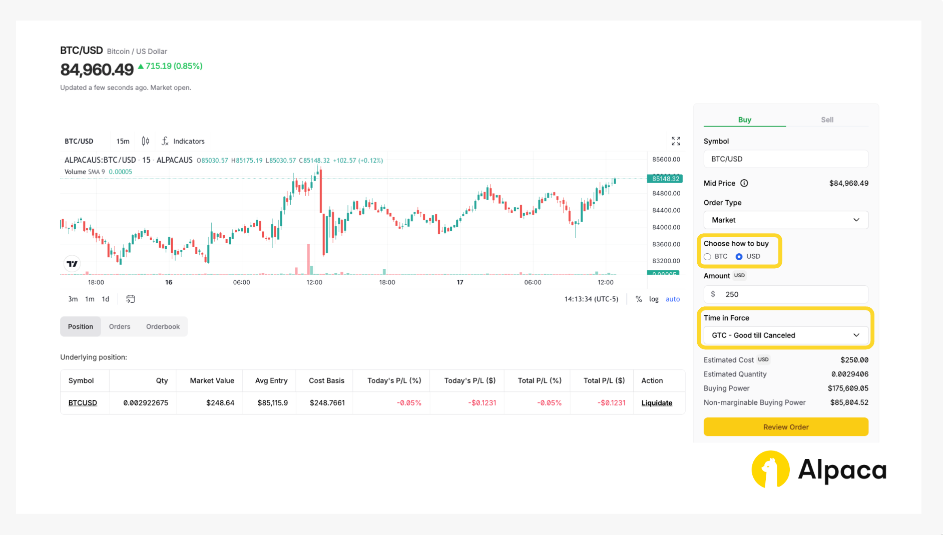 TradingView order panel for BTC/USD showing a long position setup using Alpaca’s integration, with custom units set to 0.00293 and 'GTC' selected as the time-in-force option, alongside a visual trade structure including stop-loss and take-profit zones.