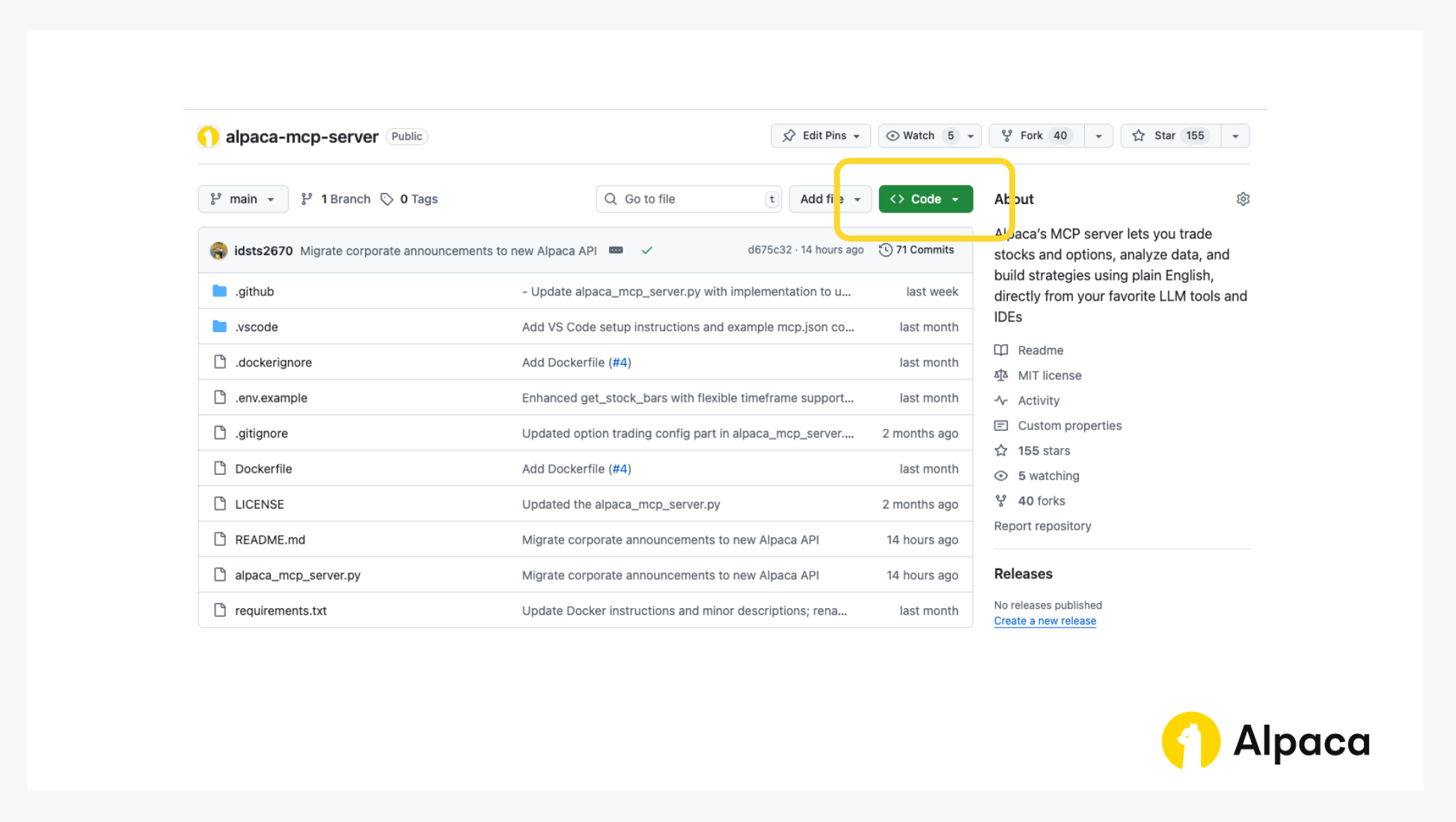 GitHub repository page for Alpaca MCP Server. Shows directory structure including files like alpaca_mcp_server.py, README.md, Dockerfile, and .env.example. Highlights the green “Code” button for cloning or downloading the repo. Description on the right explains that the MCP Server enables AI-powered trading using plain English commands via LLM tools and IDEs.