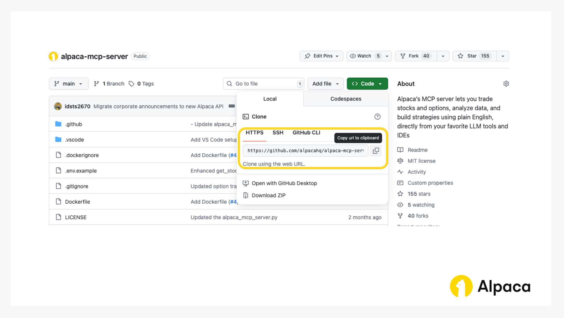GitHub clone dropdown open for the Alpaca MCP Server repository, showing the HTTPS URL https://github.com/alpacahq/alpaca-mcp-server. Highlights the “Copy URL to clipboard” button. Developers can use this link to clone the MCP server and integrate it with AI assistants or trading bots.