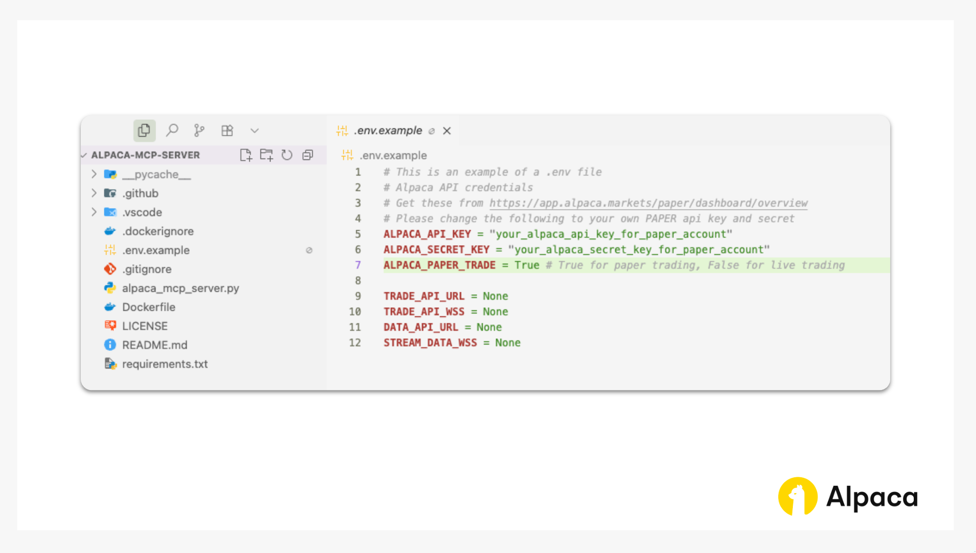 Screenshot of .env.example file in Alpaca MCP Server project opened in VS Code. Fields include ALPACA_API_KEY, ALPACA_SECRET_KEY, and ALPACA_PAPER_TRADE, along with placeholder values for TRADE_API_URL, DATA_API_URL, and WebSocket endpoints. Instructions point users to Alpaca’s dashboard to get their credentials.