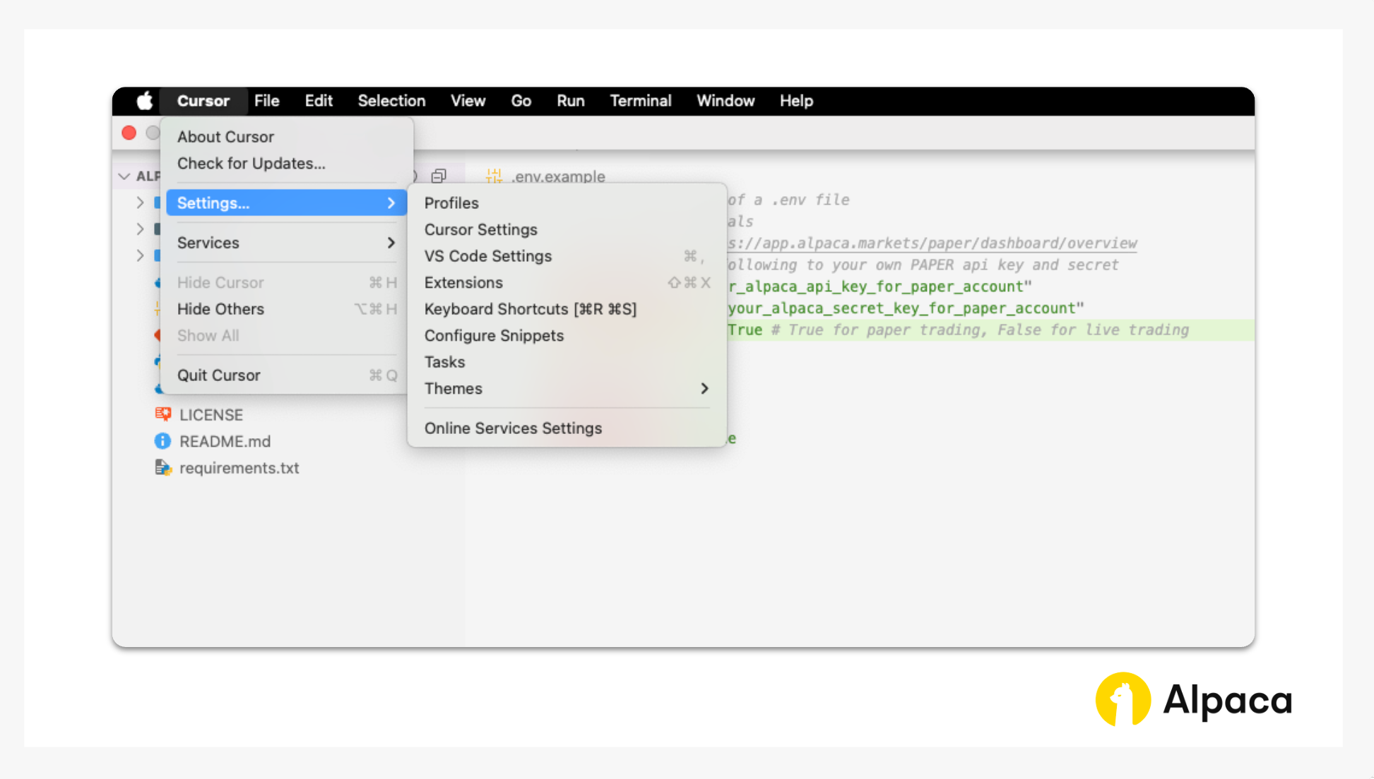 Screenshot of the Cursor IDE with the “Cursor” menu expanded, highlighting the “Settings…” option. This allows users to adjust environment settings, configure extensions, and manage LLM integrations when working on projects like Alpaca MCP Server.