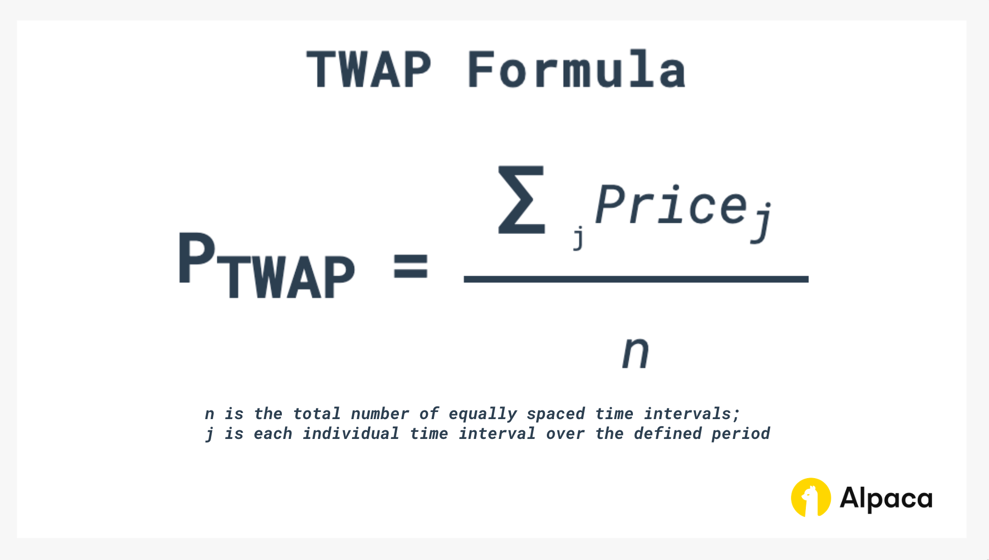 Formula for TWAP: sum of prices across equal time intervals divided by the number of intervals, showing how trades are averaged over time rather than by volume.