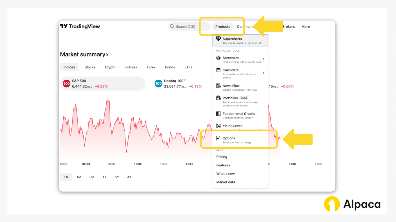 TradingView page showing the “Products” dropdown with arrows pointing to “Products” and “Options”