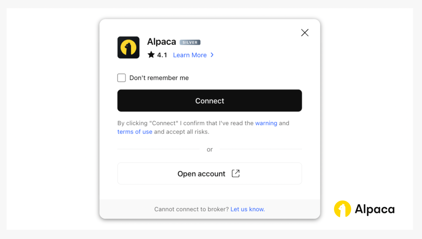 Pop-up window on TradingView showing the Alpaca broker connection screen with a “Connect” button and account options