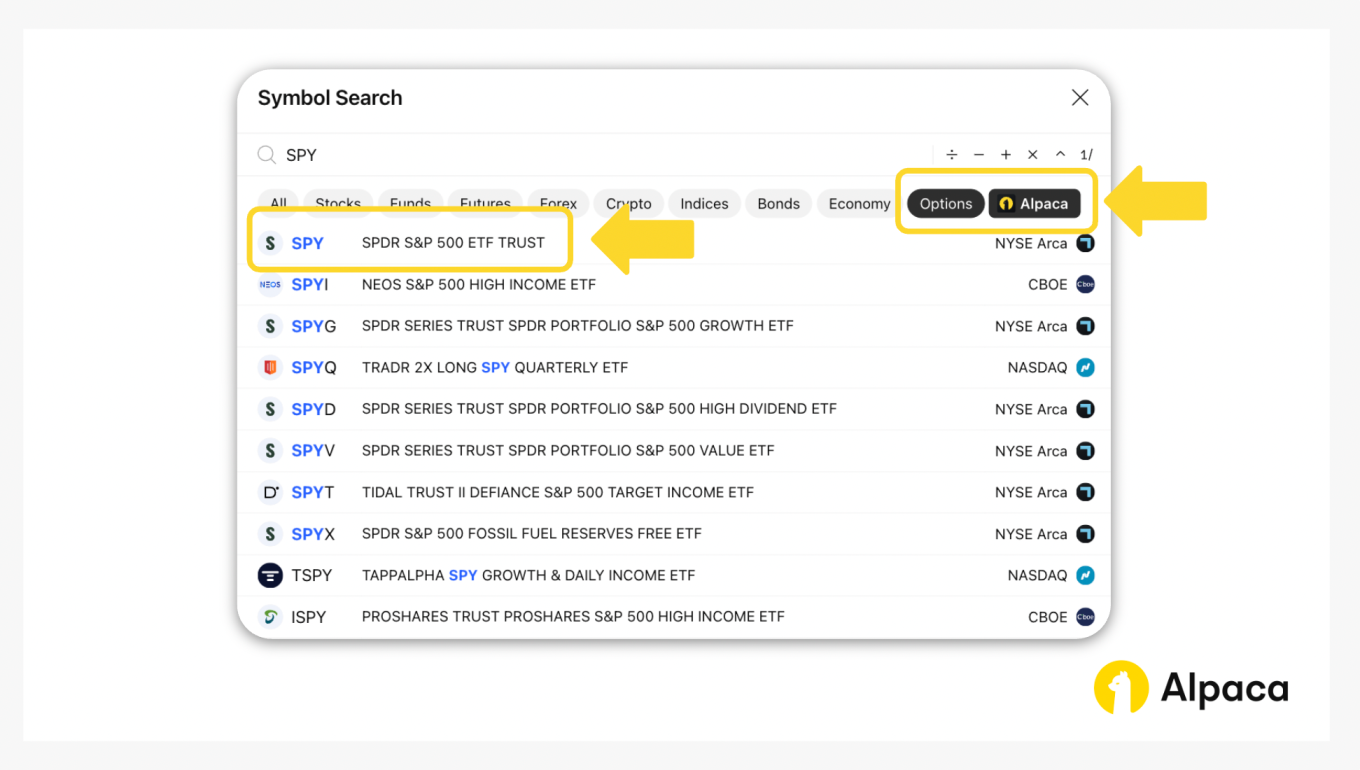 TradingView Symbol Search window showing SPY selected as the underlying asset with yellow arrows highlighting “Options” and “Alpaca” filters